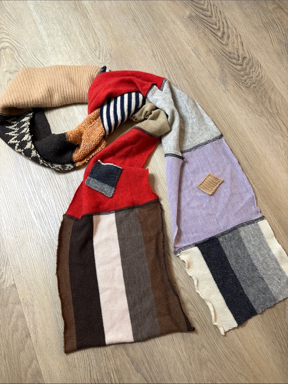 Handmade Upcycled Patchwork Scarf Sustainable Boho Mixed Knit Multi Color cozy
